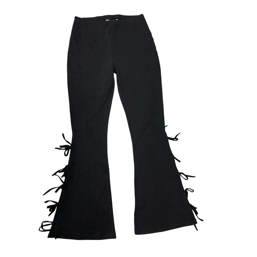 Milk It Black Flare Leg Ribbed Pull On Pant Cotton Blend 32 Tie Sides